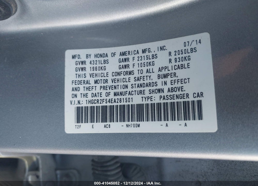 2014 HONDA ACCORD SPORT VIN: 1HGCR2F54EA281501