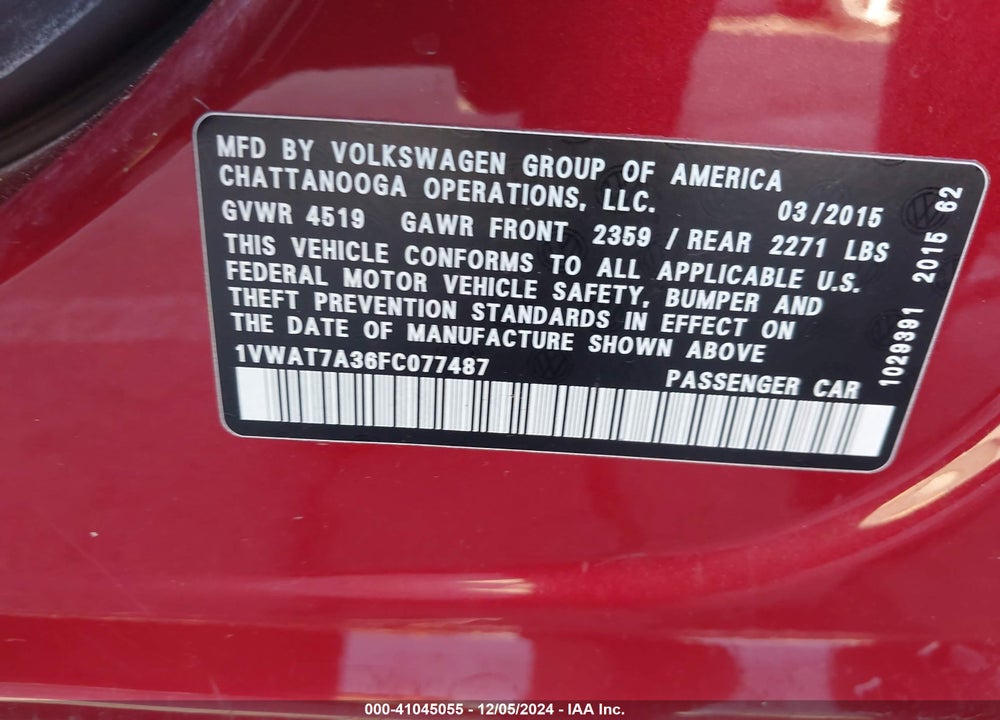 2015 VOLKSWAGEN PASSAT 1.8T S VIN: 1VWAT7A36FC077487