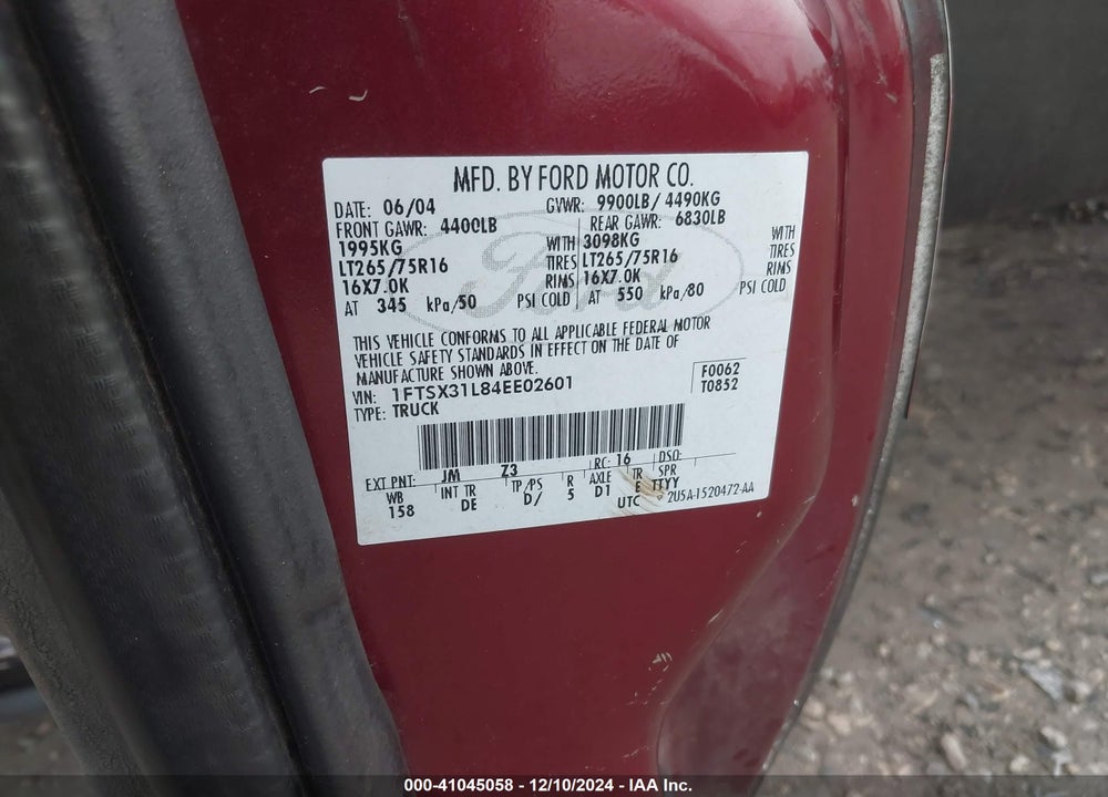 2004 FORD F-350 LARIAT/XL/XLT VIN: 1FTSX31L84EE02601
