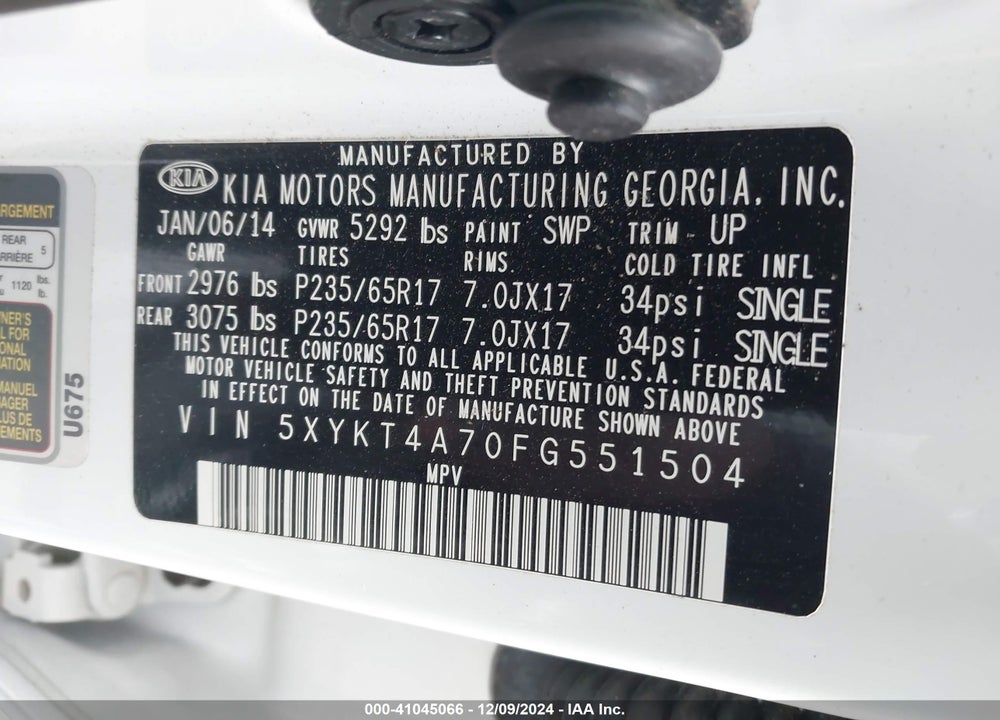 2015 KIA SORENTO LX V6 VIN: 5XYKT4A70FG551504