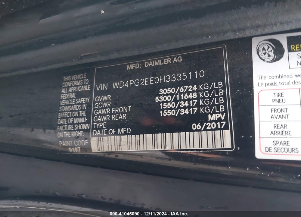 2017 MERCEDES-BENZ METRIS VIN: WD4PG2EE0H3335110