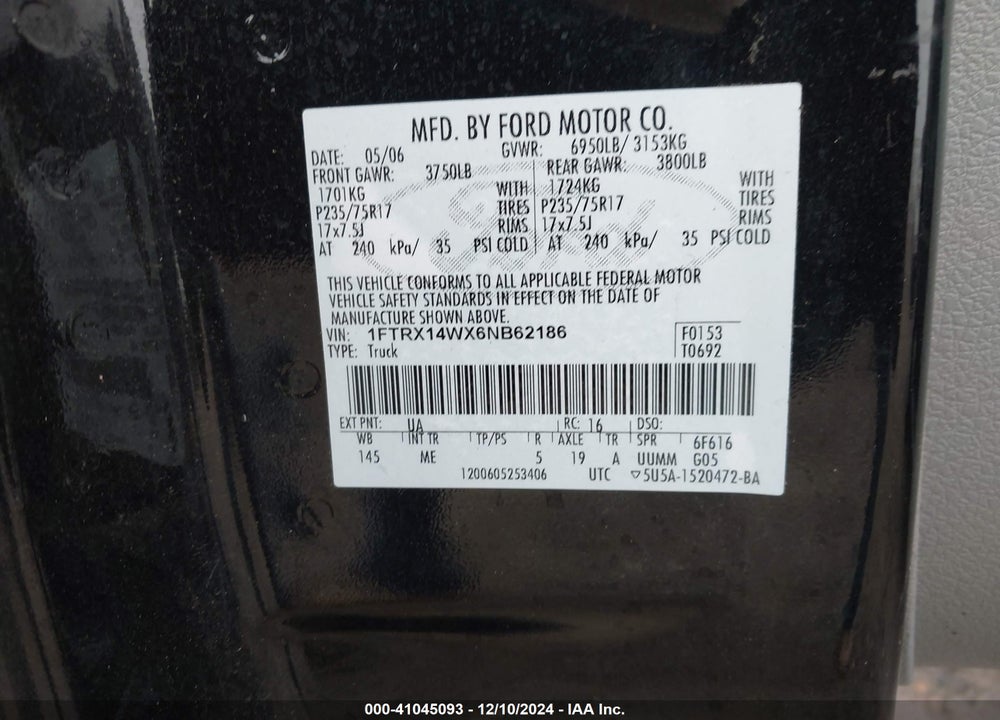2006 FORD F-150 STX/XL/XLT VIN: 1FTRX14WX6NB62186