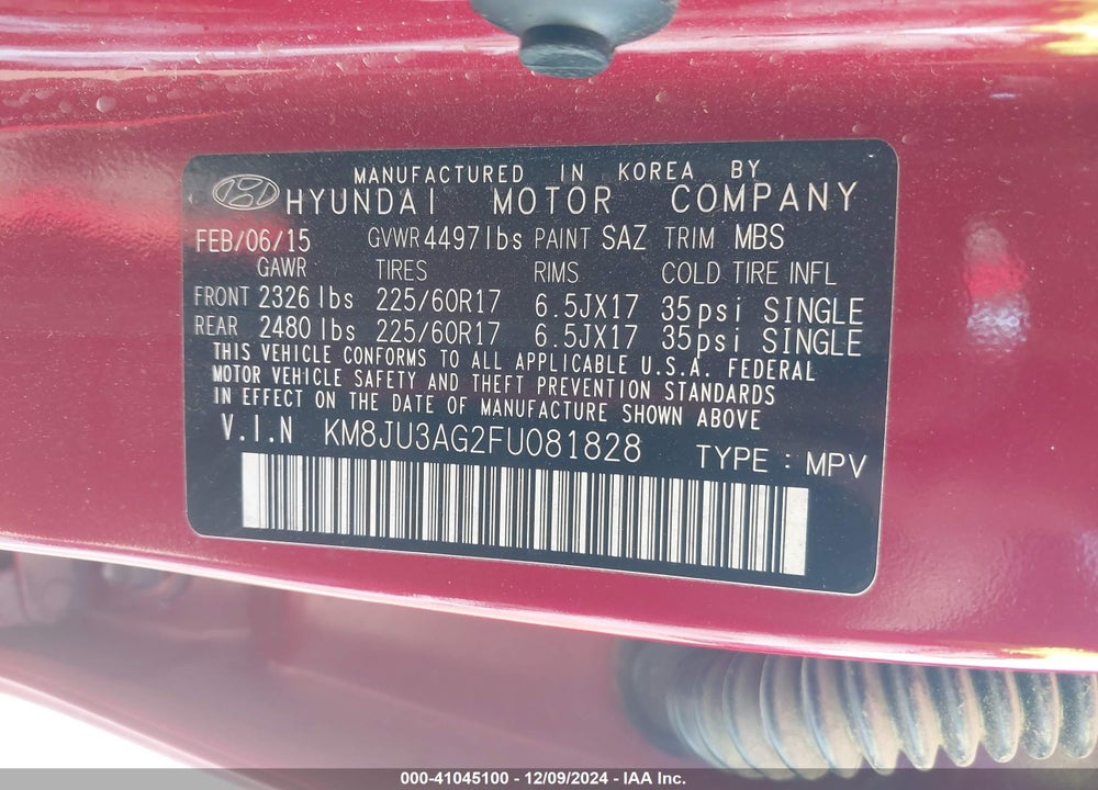 2015 HYUNDAI TUCSON SE VIN: KM8JU3AG2FU081828