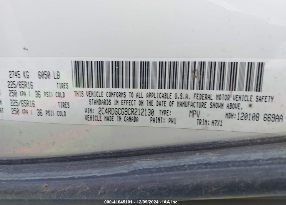 2012 DODGE GRAND CARAVAN SXT VIN: 2C4RDGCG9CR212130