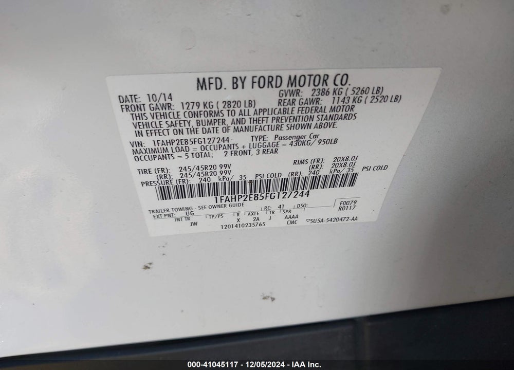 2015 FORD TAURUS SEL VIN: 1FAHP2E85FG127244
