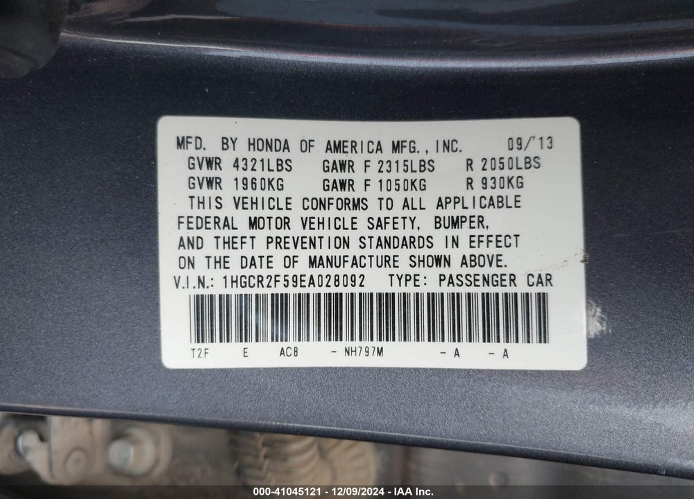 2014 HONDA ACCORD SPORT VIN: 1HGCR2F59EA028092