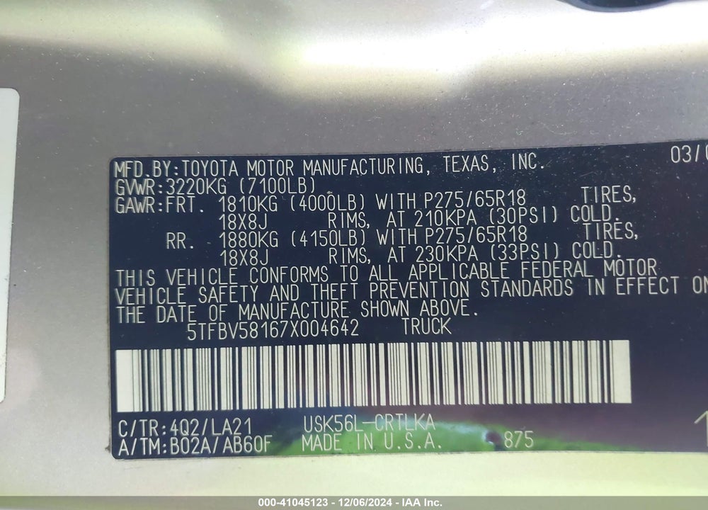 2007 TOYOTA TUNDRA LIMITED 5.7L V8 VIN: 5TFBV58167X004642