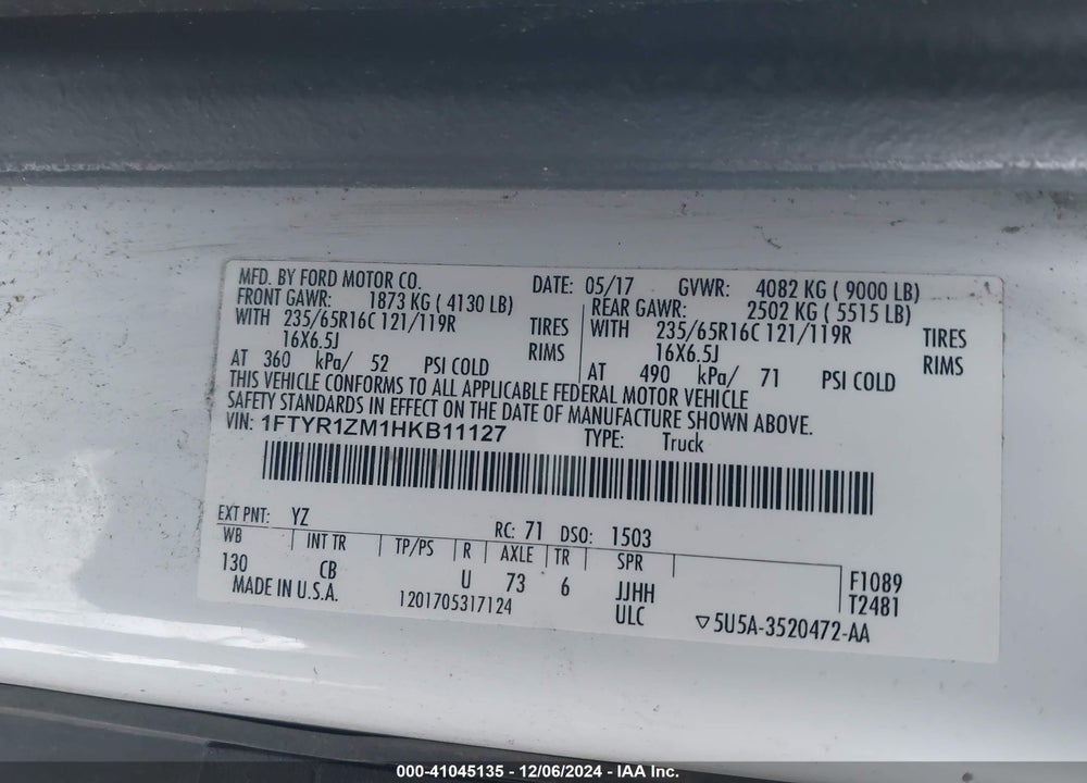2017 FORD TRANSIT-250 VIN: 1FTYR1ZM1HKB11127