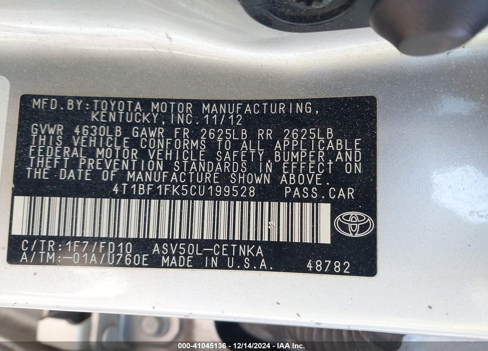 2012 TOYOTA CAMRY LE VIN: 4T1BF1FK5CU199528