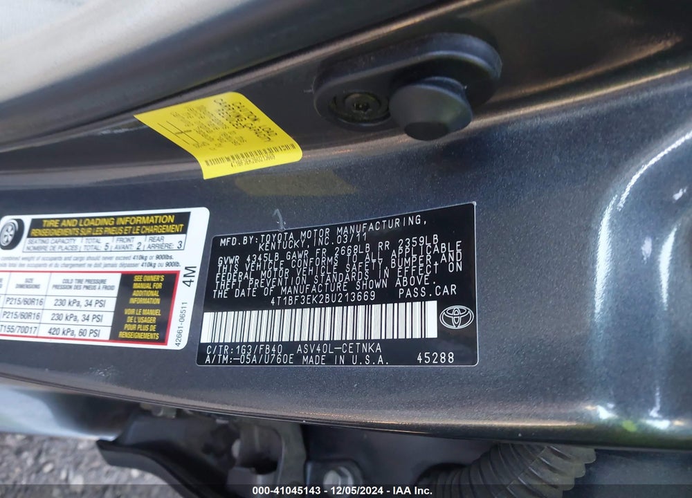 2011 TOYOTA CAMRY LE VIN: 4T1BF3EK2BU213669