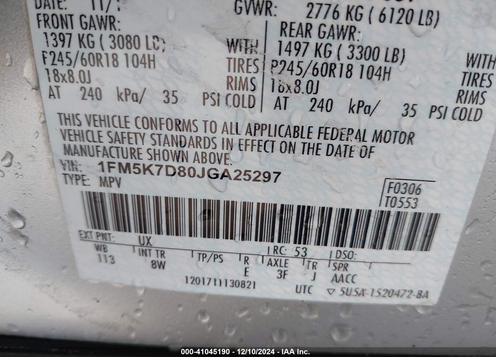 2018 FORD EXPLORER XLT VIN: 1FM5K7D80JGA25297