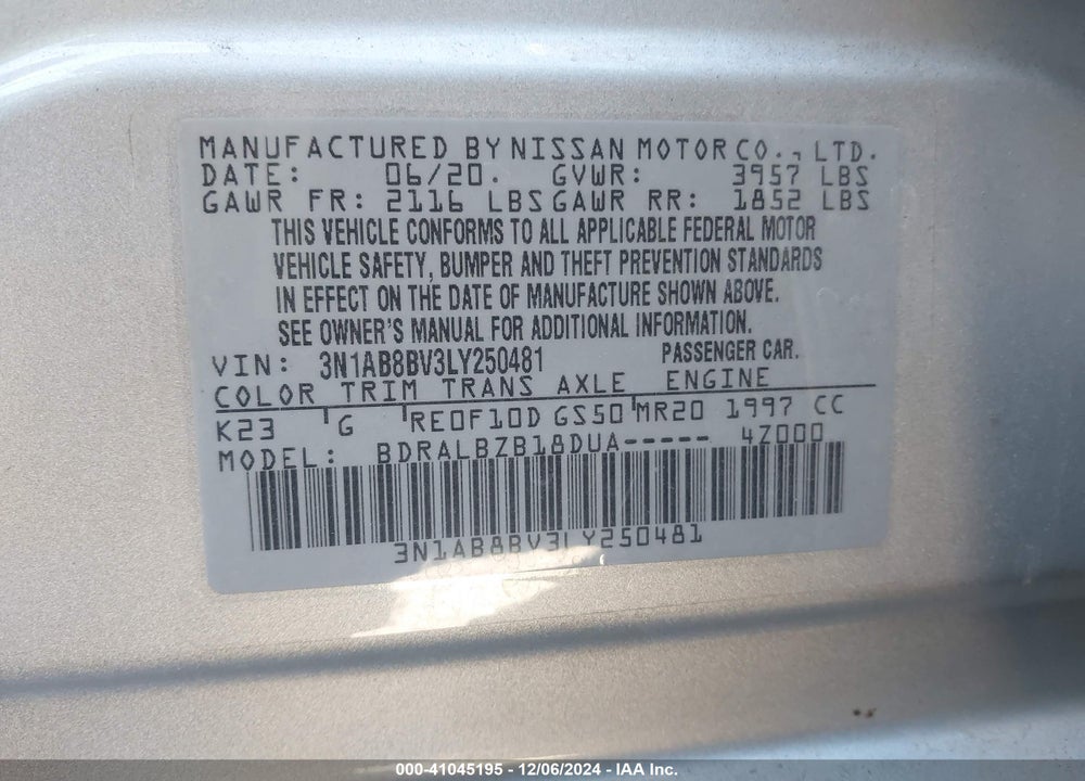 2020 NISSAN SENTRA VIN: 3N1AB8BV3LY250481