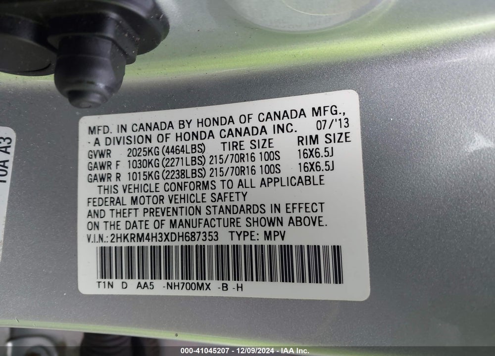 2013 HONDA CR-V LX VIN: 2HKRM4H3XDH687353