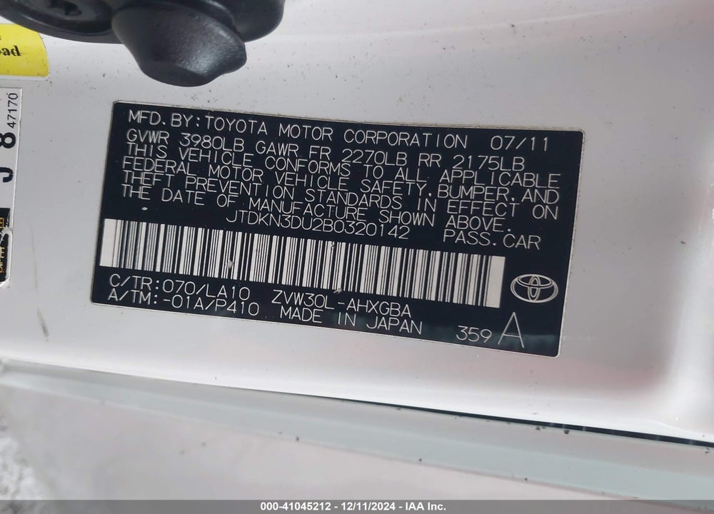 2011 TOYOTA PRIUS FOUR VIN: JTDKN3DU2B0320142