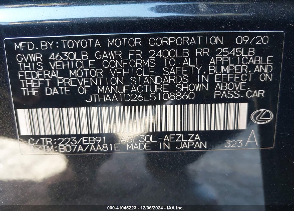 2020 LEXUS IS 300 VIN: JTHAA1D26L5108860