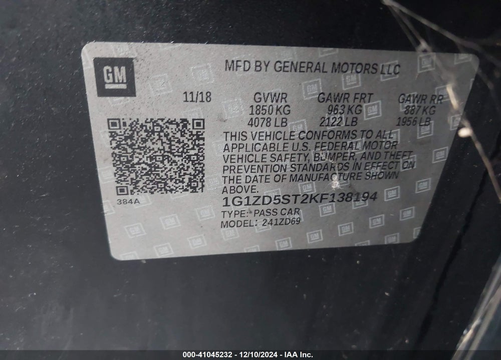 2019 CHEVROLET MALIBU LT VIN: 1G1ZD5ST2KF138194