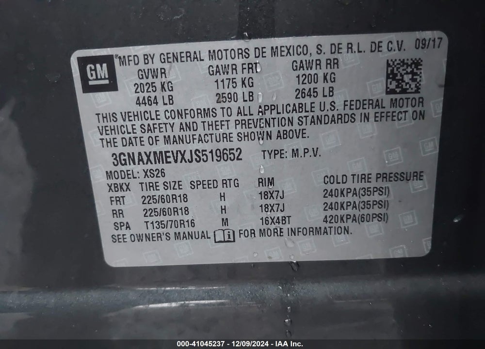 2018 CHEVROLET EQUINOX PREMIER VIN: 3GNAXMEVXJS519652