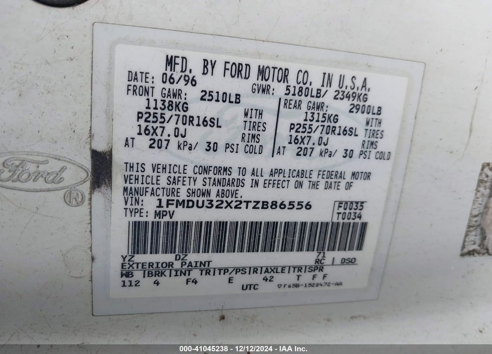 1996 FORD EXPLORER VIN: 1FMDU32X2TZB86556