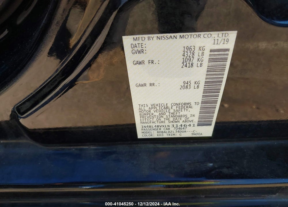 2020 NISSAN ALTIMA S FWD VIN: 1N4BL4BVXLN314641
