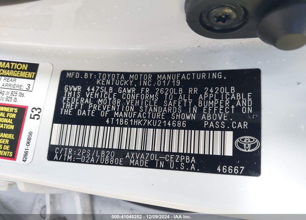 2019 TOYOTA CAMRY XSE VIN: 4T1B61HK7KU214686