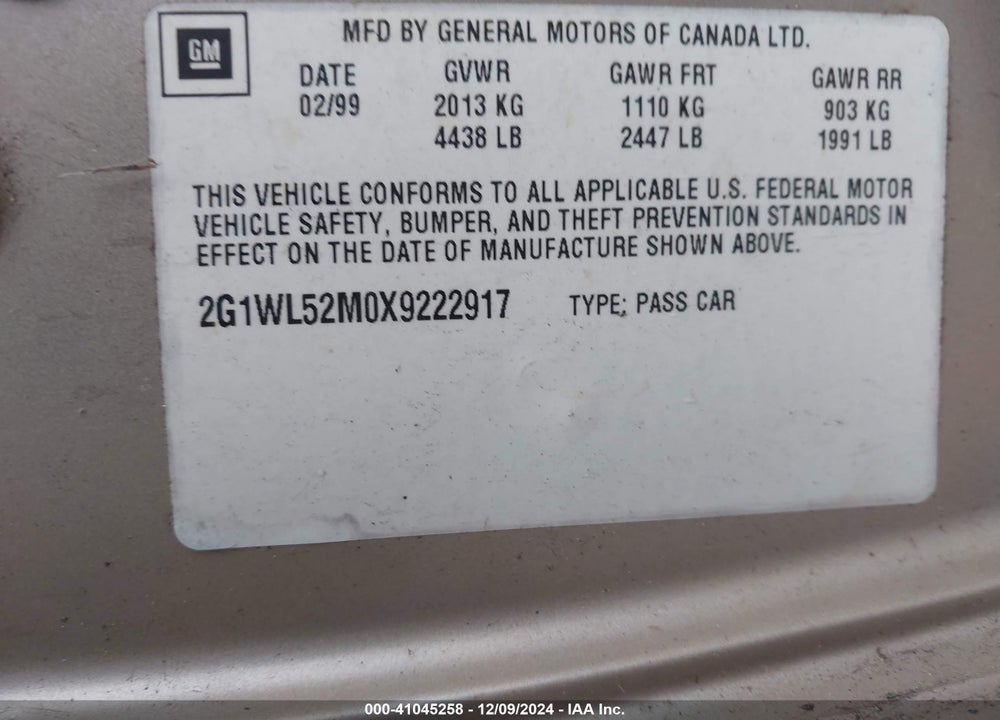 1999 CHEVROLET LUMINA VIN: 2G1WL52M0X9222917