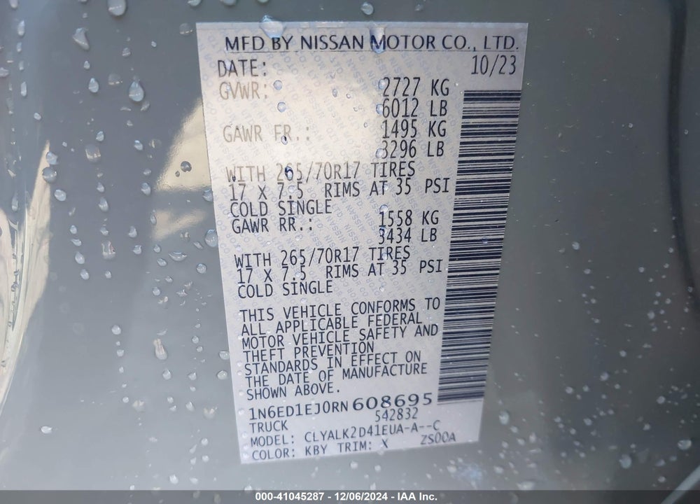 2024 NISSAN FRONTIER VIN: 1N6ED1EJ0RN608695