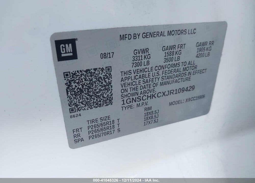 2018 CHEVROLET SUBURBAN LT VIN: 1GNSCHKCXJR109429