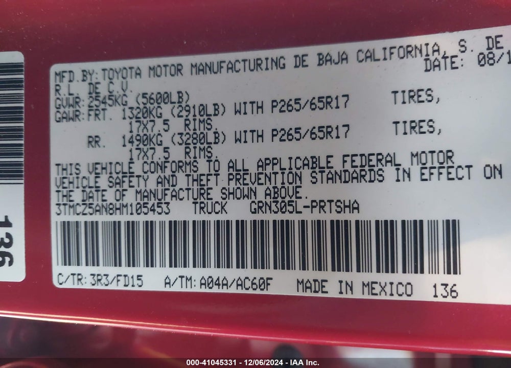 2017 TOYOTA TACOMA TRD SPORT VIN: 3TMCZ5AN8HM105453