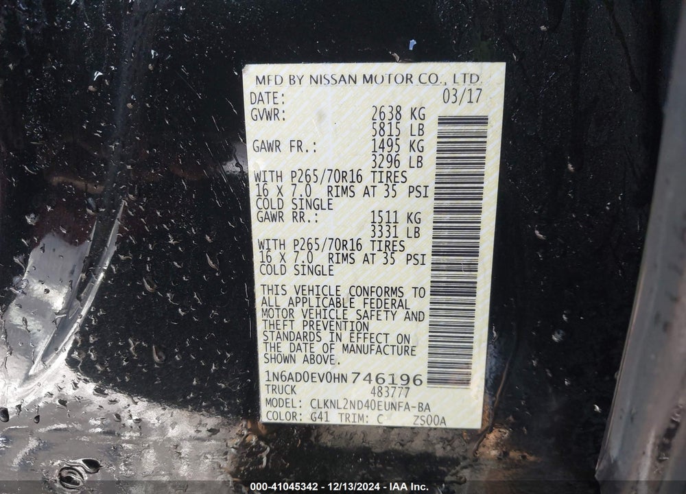 2017 NISSAN FRONTIER SV VIN: 1N6AD0EV0HN746196