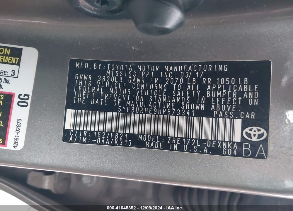 2017 TOYOTA COROLLA VIN: 5YFBURHE9HP673341