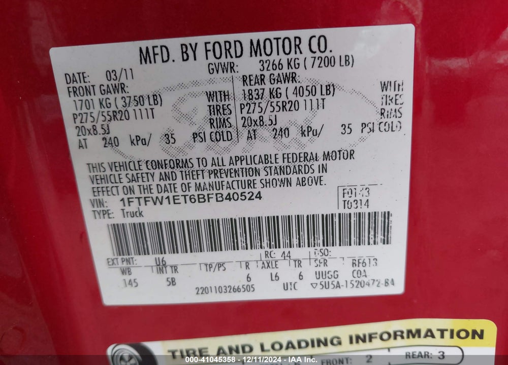 2011 FORD F150 VIN: 1FTFW1ET6BFB40524
