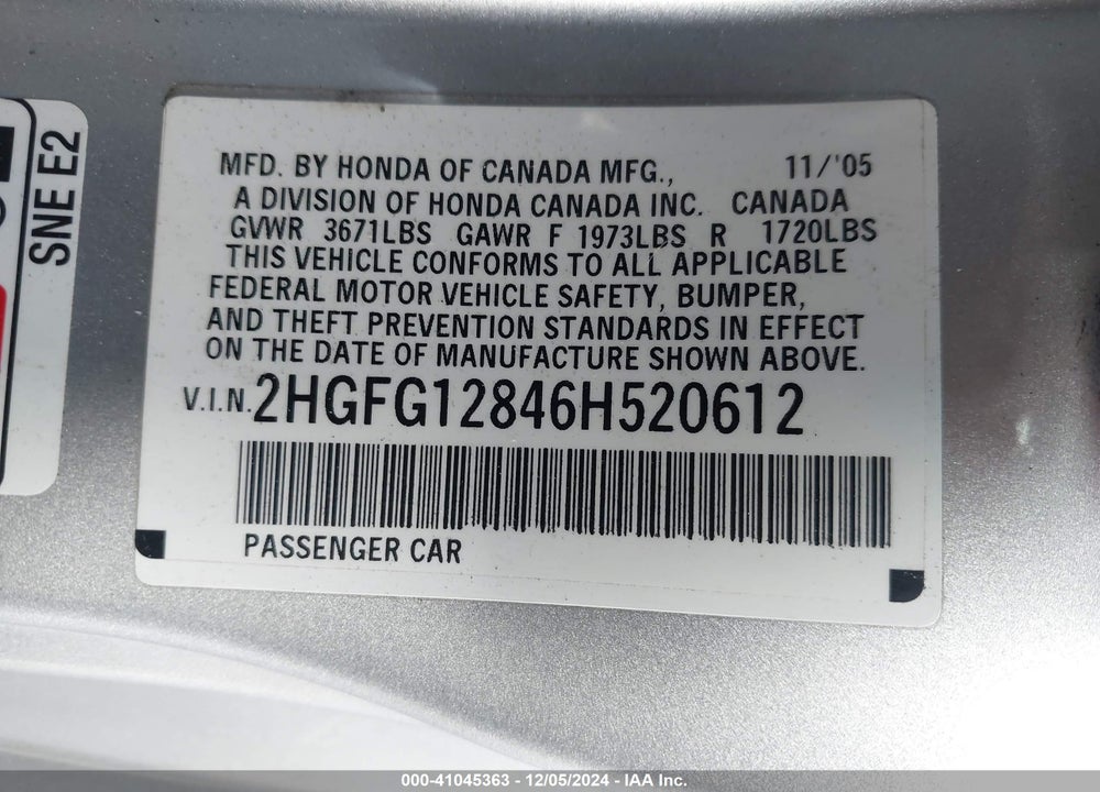 2006 HONDA CIVIC EX VIN: 2HGFG12846H520612
