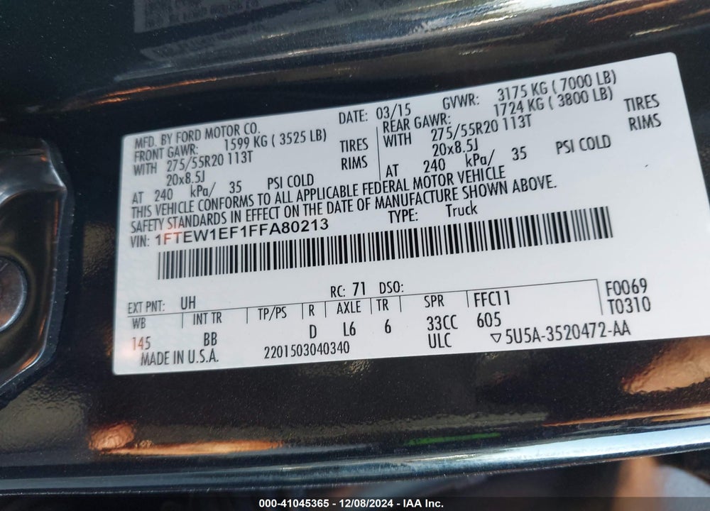 2015 FORD F-150 PLATINUM VIN: 1FTEW1EF1FFA80213