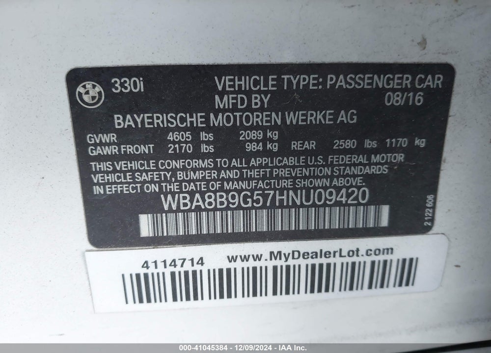 2017 BMW 330I VIN: WBA8B9G57HNU09420