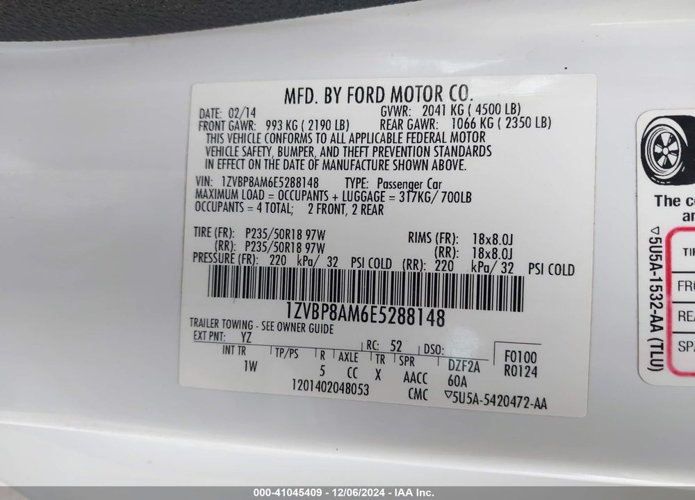 2014 FORD MUSTANG V6 VIN: 1ZVBP8AM6E5288148