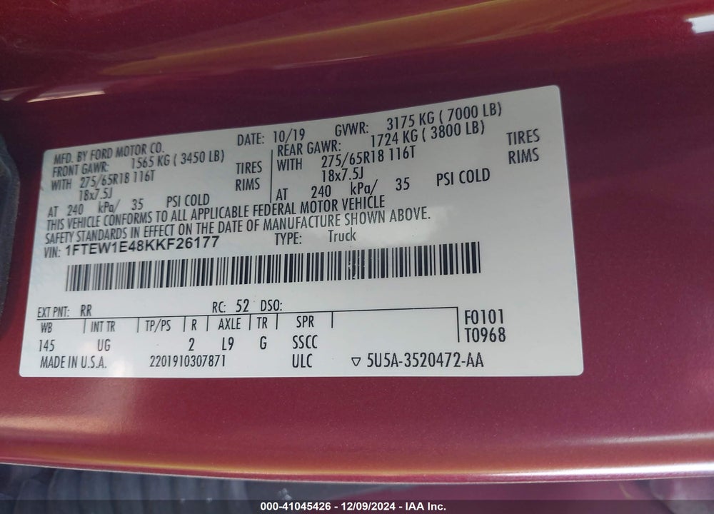 2019 FORD F-150 VIN: 1FTEW1E48KKF26177