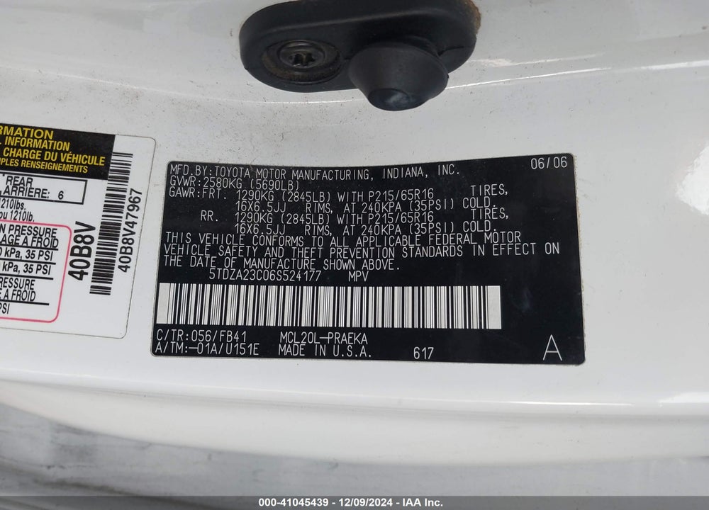 2006 TOYOTA SIENNA CE VIN: 5TDZA23C06S524177