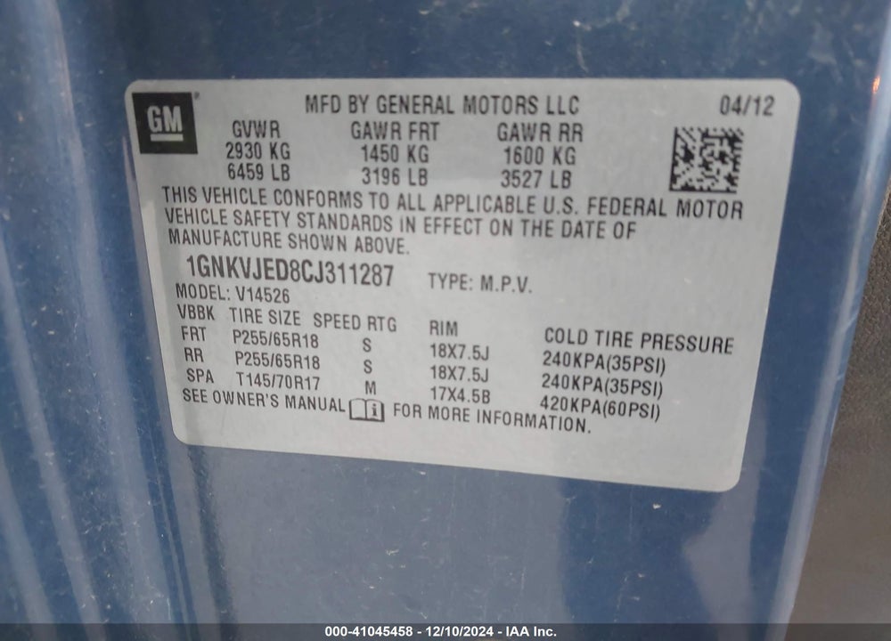 2012 CHEVROLET TRAVERSE 2LT VIN: 1GNKVJED8CJ311287