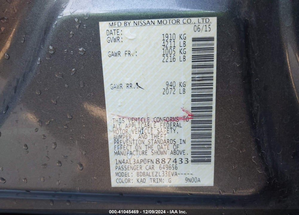 2015 NISSAN ALTIMA 2.5/2.5 S/2.5 SL/2.5 SV VIN: 1N4AL3AP0FN887433