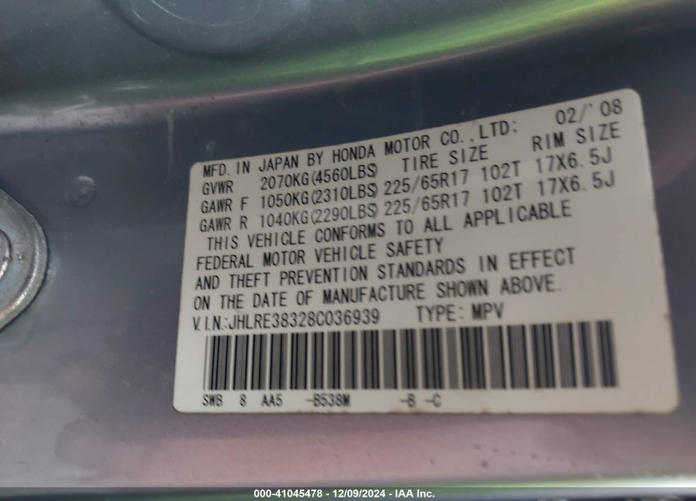 2008 HONDA CR-V LX VIN: JHLRE38328C036939