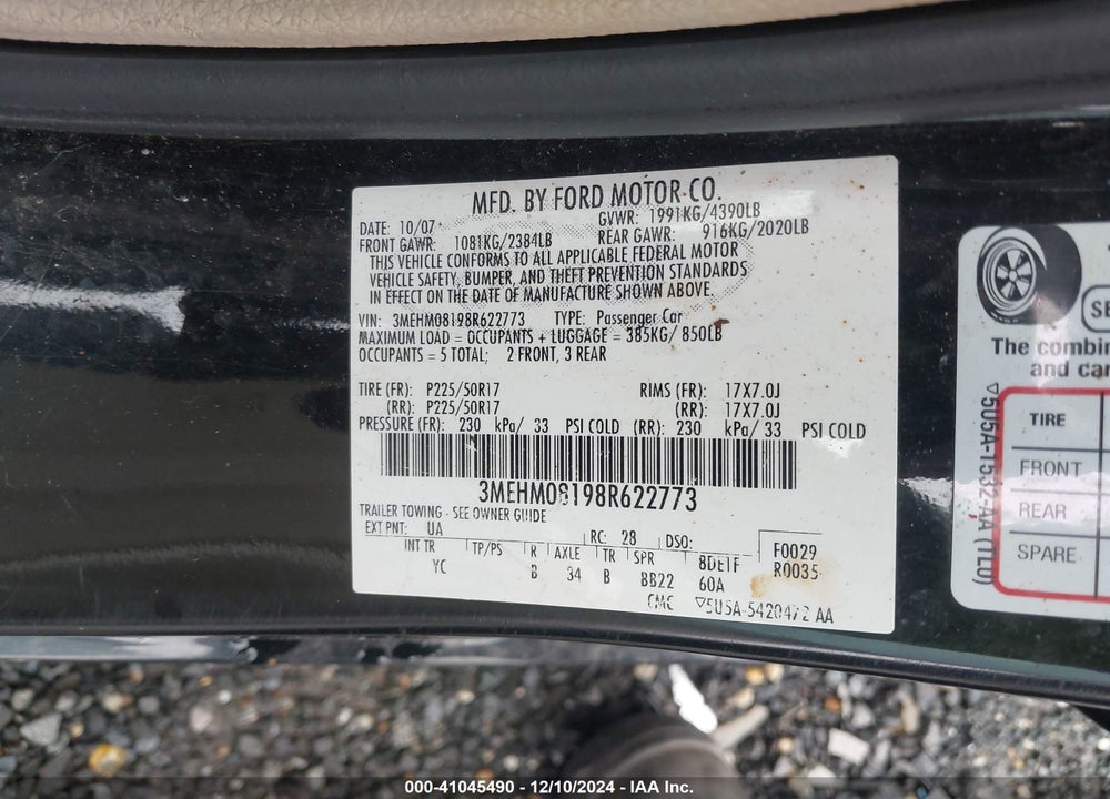 2008 MERCURY MILAN V6 PREMIER VIN: 3MEHM08198R622773