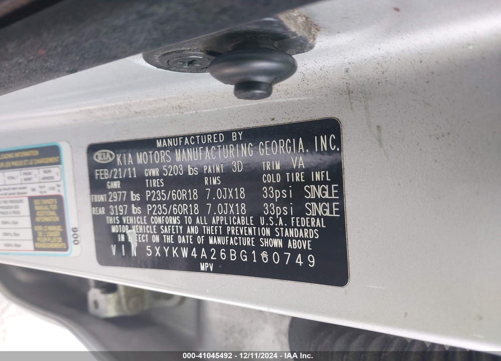 2011 KIA SORENTO SX V6 VIN: 5XYKW4A26BG160749