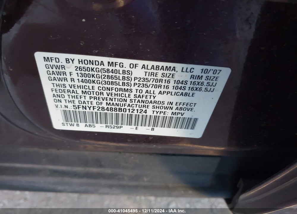 2008 HONDA PILOT EX VIN: 5FNYF28488B012124