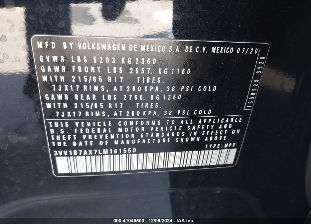 2020 VOLKSWAGEN TIGUAN 2.0T S VIN: 3VV1B7AX7LM161550