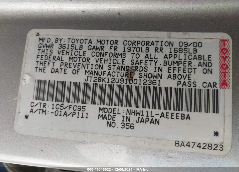 2001 TOYOTA PRIUS VIN: JT2BK12U910012361