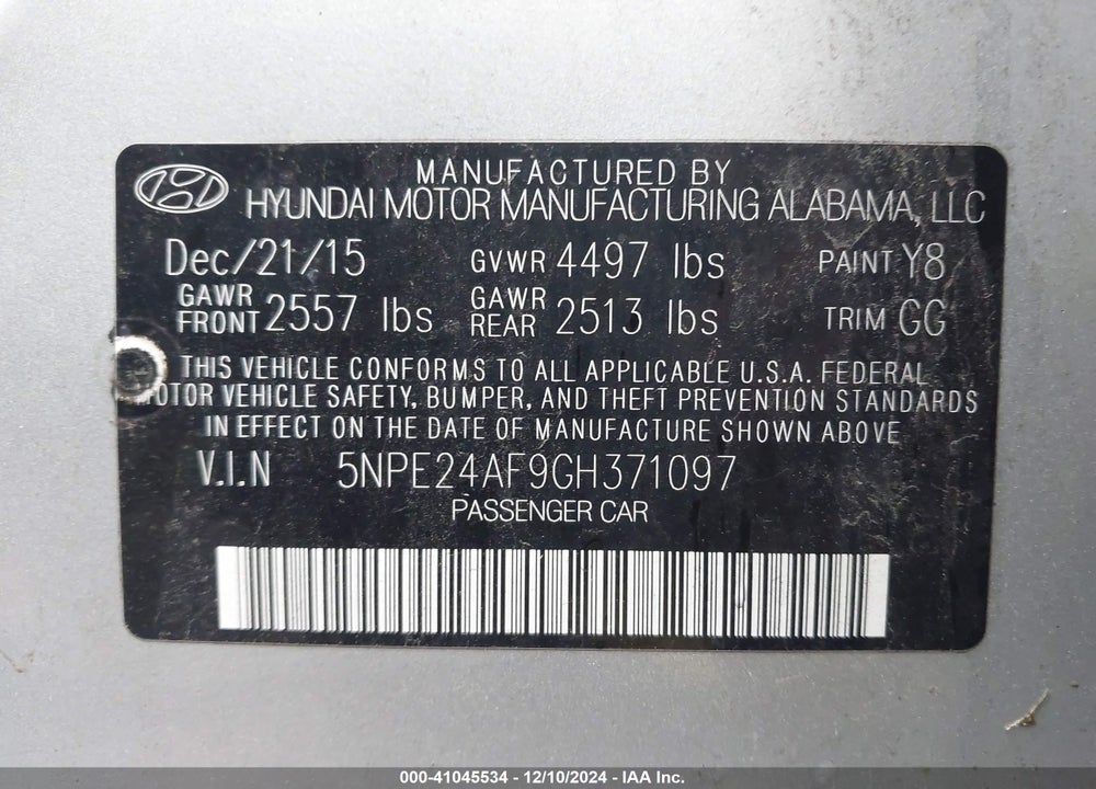 2016 HYUNDAI SONATA SE VIN: 5NPE24AF9GH371097