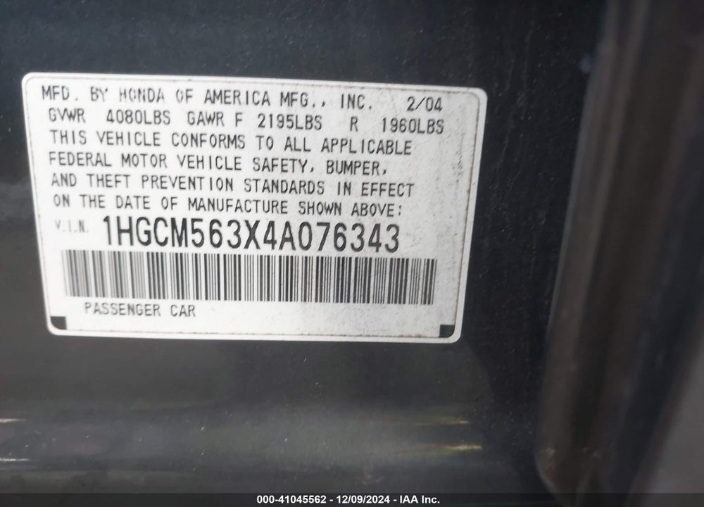 2004 HONDA ACCORD 2.4 LX VIN: 1HGCM563X4A076343