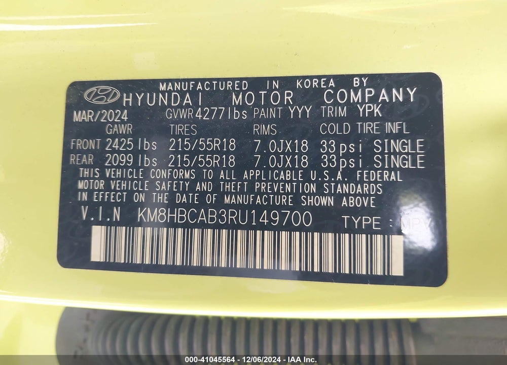 2024 HYUNDAI KONA SEL VIN: KM8HBCAB3RU149700