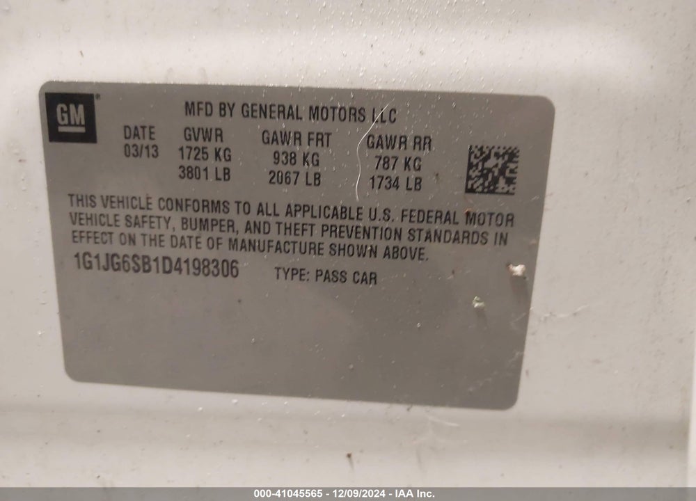 2013 CHEVROLET SONIC RS AUTO VIN: 1G1JG6SB1D4198306