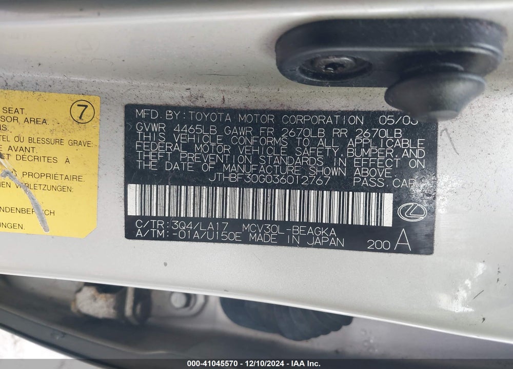 2003 LEXUS ES 300 VIN: JTHBF30G036012767